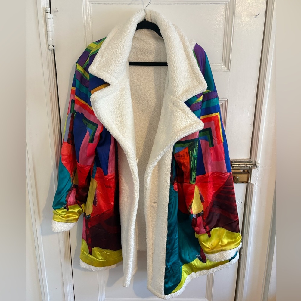 Multicolor Patchwork Teddy Jacket With White Lini… - image 5